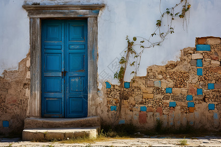 一座石屋中的蓝门与窗框图片