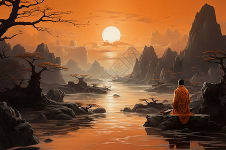 河景夕阳下的幻境插画