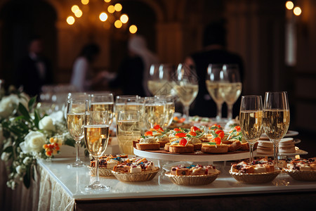美食香槟桌子上的香槟和美食背景