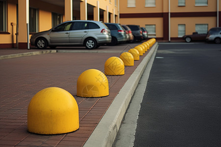 混凝土块停车位上的一排黄锥背景