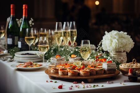 香槟仪式婚宴上的美食饮料背景