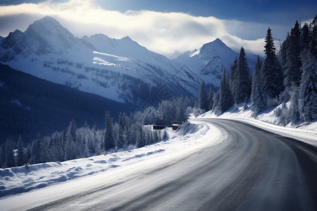 冬日的马路大雪中的告诉公路高清图片