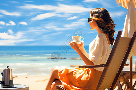 海边咖啡海边度假喝咖啡插画