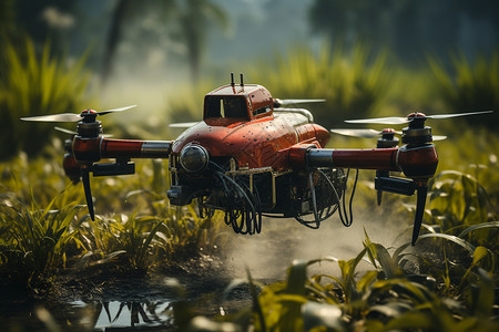 红色无人机喷洒农田图片