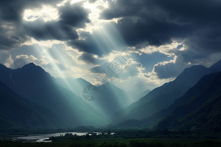 阳光照耀下的山脉间图片