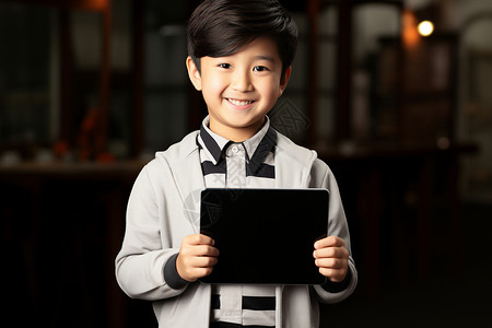 开心的男孩拿着平板电脑图片