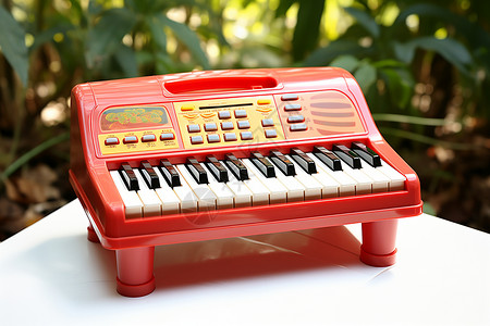 红色塑料红色玩具钢琴与白桌上的叶子背景