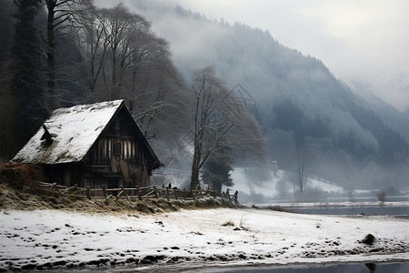 白雪覆盖的乡村小屋图片
