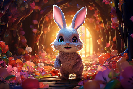 花朵中的卡通兔子背景图片