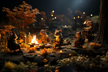 野外灯光鼠鼠们围绕篝火在广袤的野外聚集插画