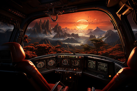 太空中的驾驶舱被行星大气层的红光照亮图片
