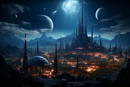 月光下的外星城市背景图片