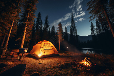 夜幕中的篝火与帐篷图片