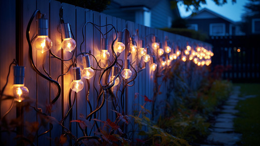 夜晚后院栅栏上的小灯设计图片