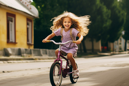 小女孩在街上骑自行车图片