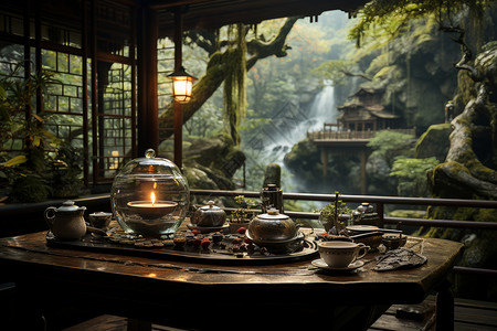 山水风景中的茶馆图片