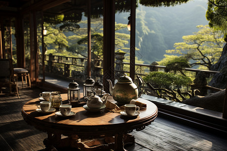 早晨的优雅中式茶馆图片
