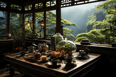 新中式风景茶馆的晨光背景