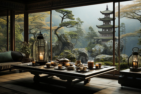 竹林中的幽静茶馆背景图片