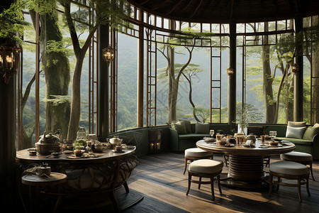 竹林静谧的茶楼背景图片