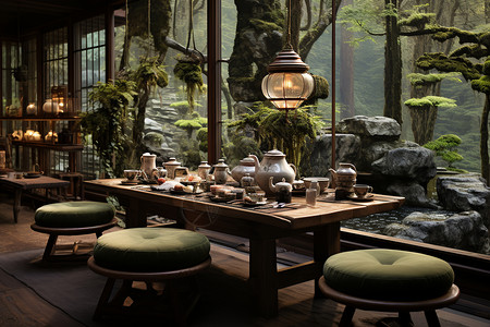 竹林中的茶馆背景图片