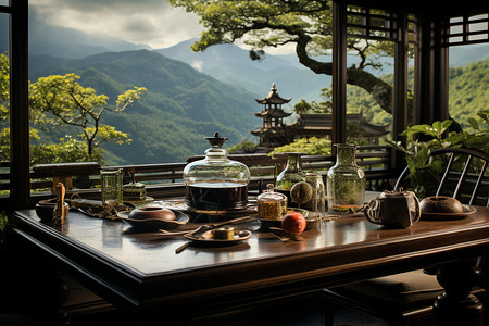 茶馆窗外的竹林风景图片
