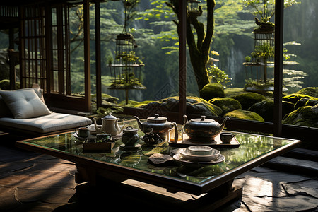 清晨阳光下的竹林茶馆图片