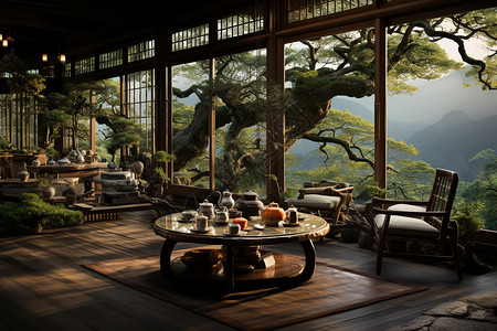 新中式远山背景早晨的竹林景色背景
