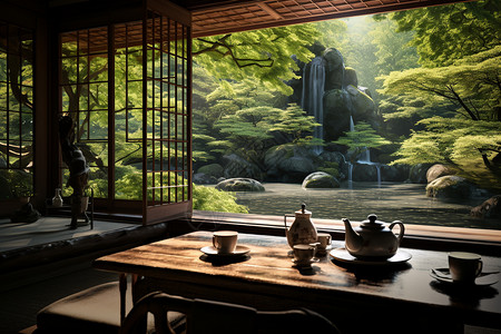 森林背景下的茶馆背景图片