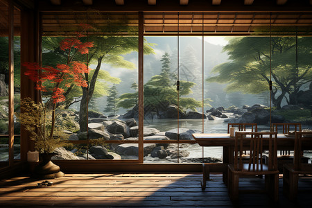 山景画素材茶馆中的唯美晨光背景
