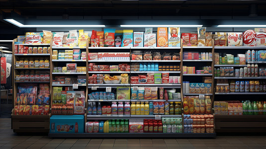 超市商品陈列各种各样的零食插画