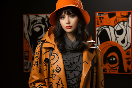 橙色涂鸦时尚女性形象背景