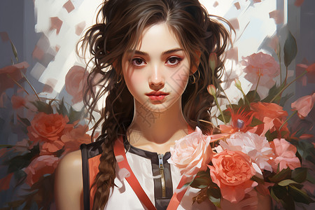 花朵背景中的少女背景图片