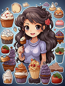 花朵蛋糕吃甜品的女孩插画