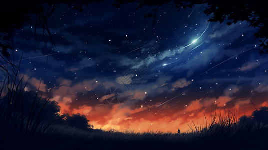 石蒜花绚丽的星空景观插画