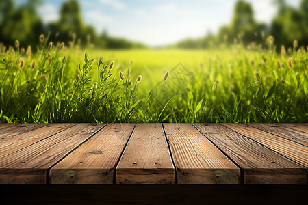 绿草木板吊牌绿草如茵背景的木质展台背景