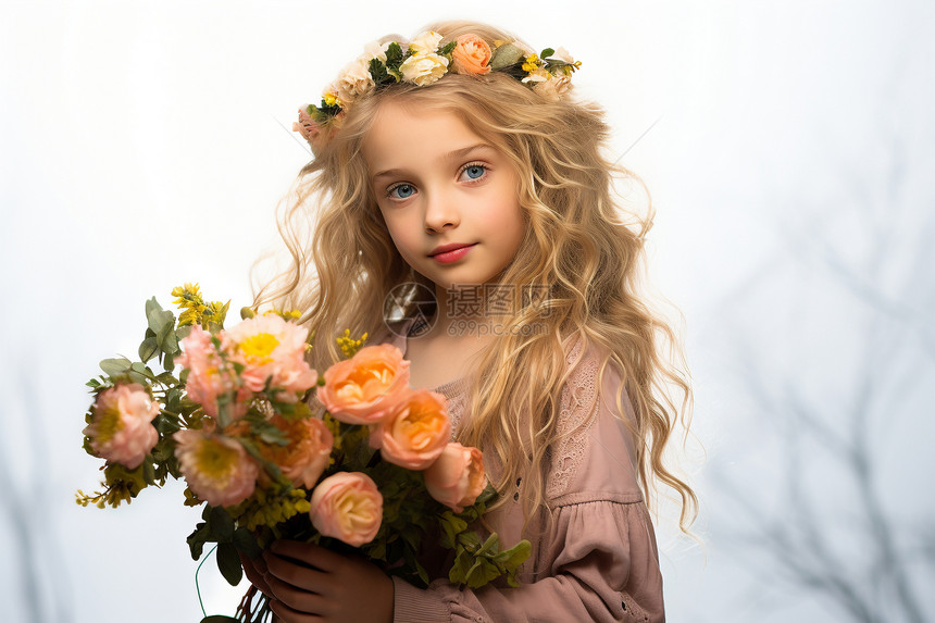 鲜花装饰的外国小女孩图片