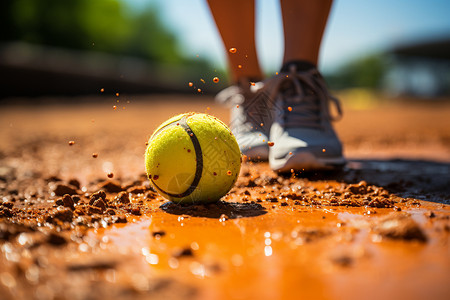 雨后泥泞道路上的网球和运动员高清图片