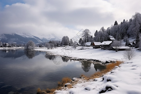 乡村下雪的河流图片
