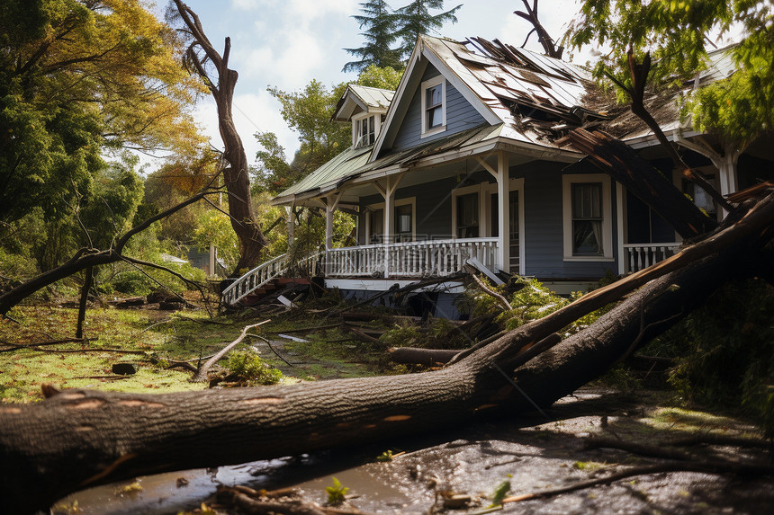 房子周围倒下的树木图片
