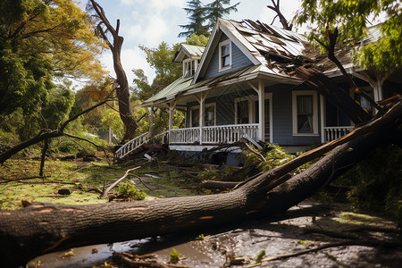 树木倒塌声音房子周围倒下的树木背景