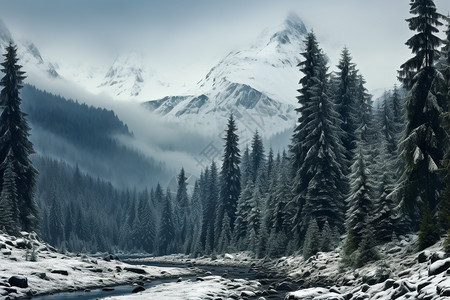 冬日白雪覆盖的森林景观图片