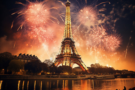 巴黎圣母院夜晚的烟火表演背景图片