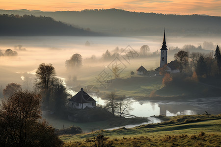 迷雾笼罩的山间乡村景观图片