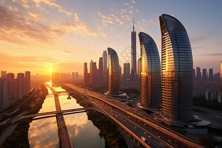 日落时繁华的城市建筑景观图片
