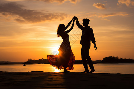 夕阳下翩翩起舞的情侣背景图片