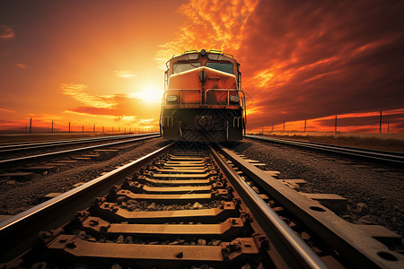 夕阳下铁轨上行驶的火车图片
