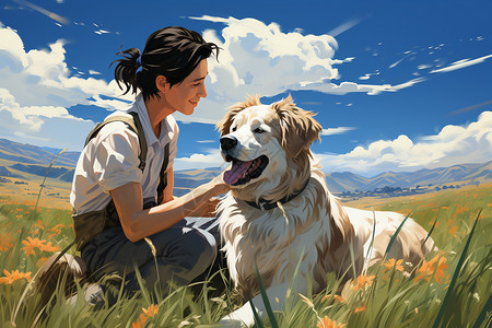 卡通风格草地上的狗狗和主人背景图片