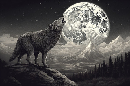 满月嚎叫的狼插画