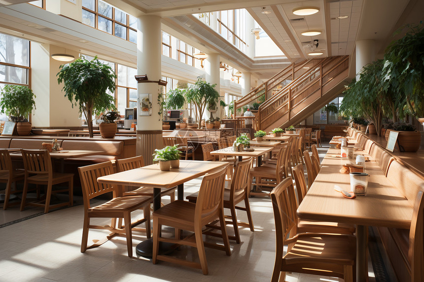 木质桌椅的自助式餐厅图片